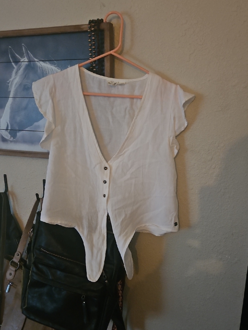 Roxy White Button-Front Flutter Sleeve Top
